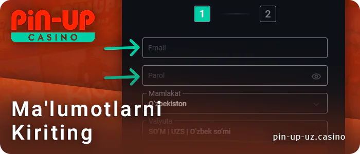 PIN Up hisobini ro'yxatdan o'tkazishda pochta manzili va parolni kiriting